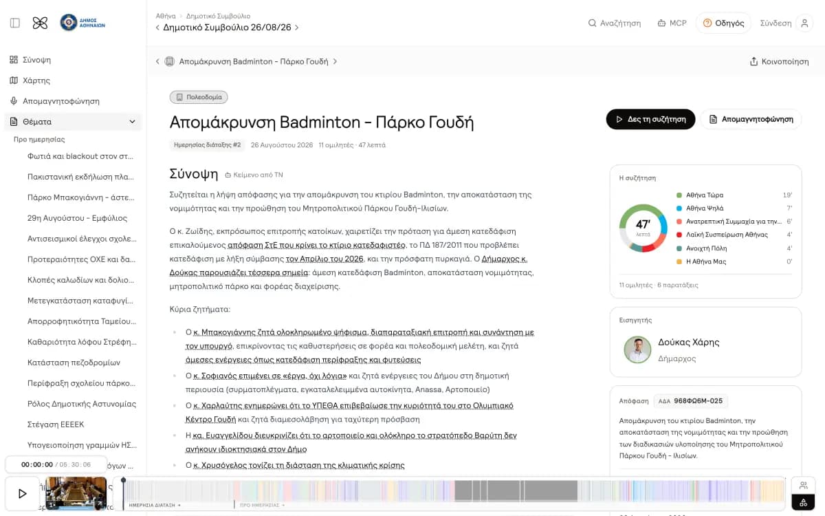 Η σελίδα ενός θέματος συνεδρίασης στο OpenCouncil